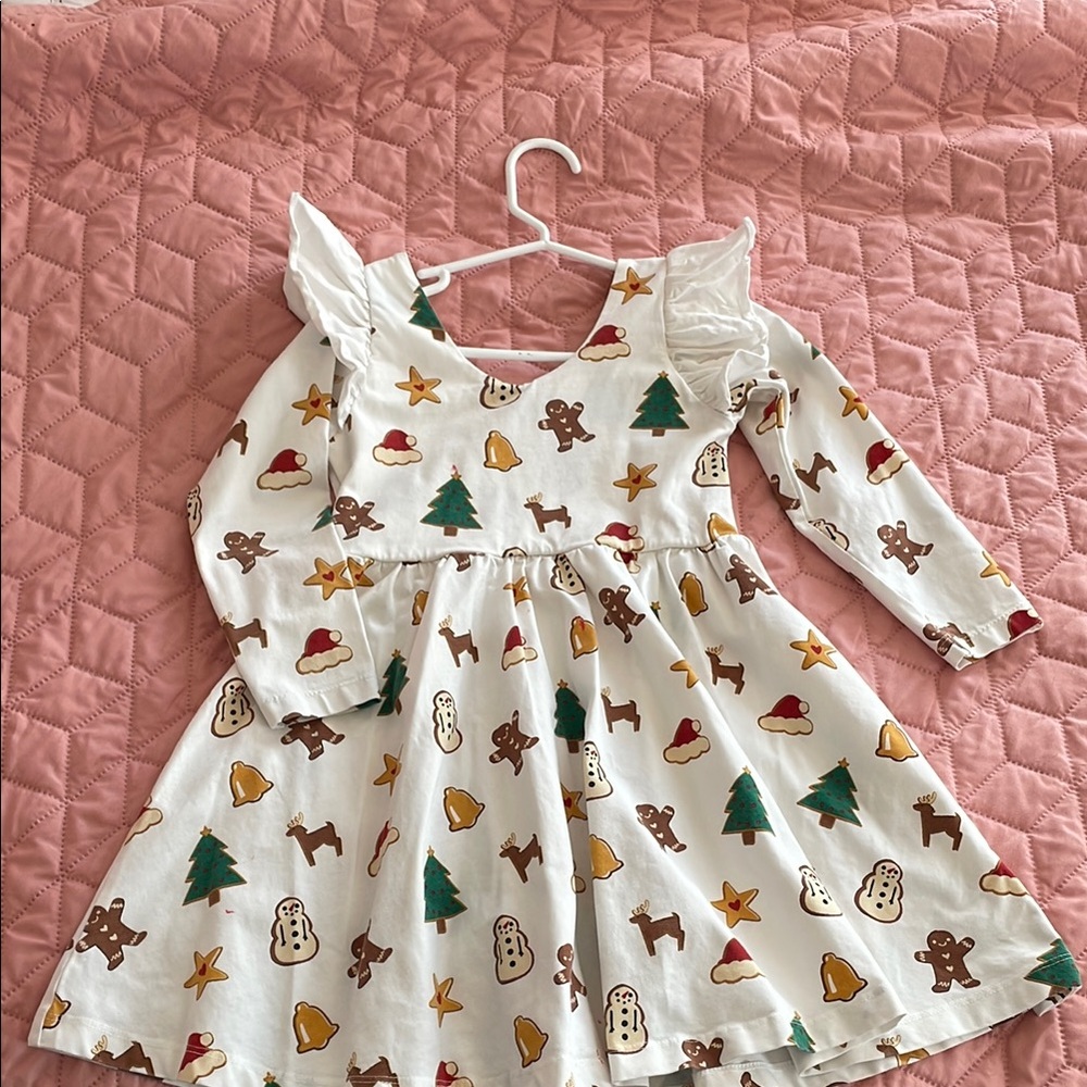 Festive White Kids Dress with Holiday Print
